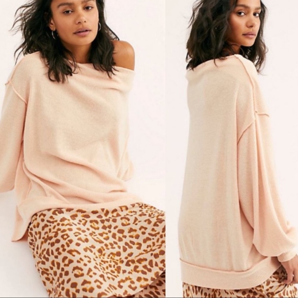 Free People Main Squeeze Hacci Sweater Top Pullover Off Shoulder Peach Pink S